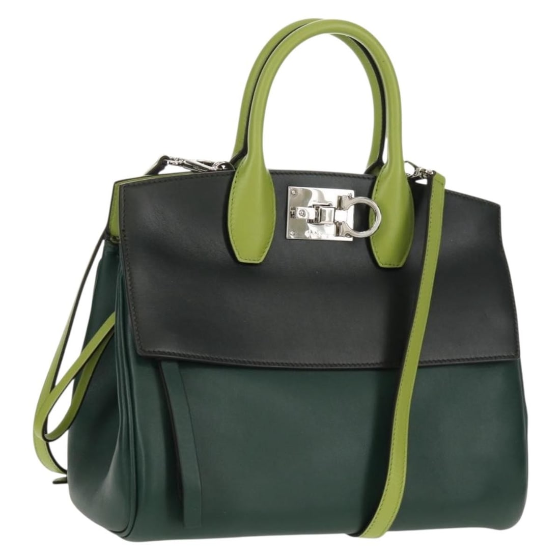 Ferragamo Gancini Studio Green Leather Handbag with Shoulder Strap and Dust Bag (1 of 18)