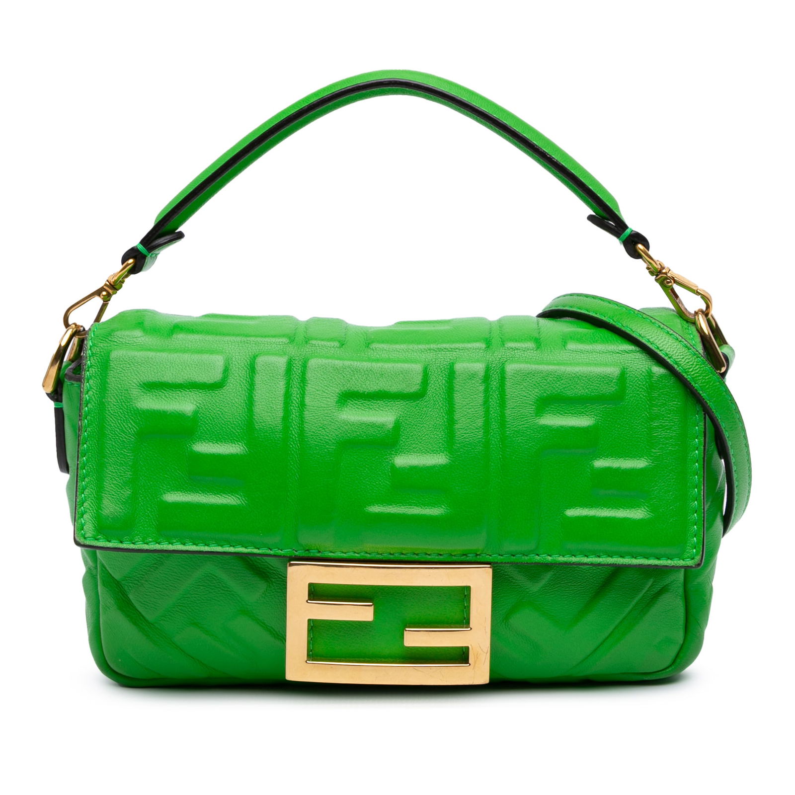 Fendi Mini Zucca Green Leather Baguette Satchel with Chain Strap: Fendi Mini Zucca Green Leather Baguette Satchel with Chain Strap The Fendi Mini Zucca Embossed Leather Baguette Satchel is a stylish accessory crafted from embossed leather, showcasing a chic green hu