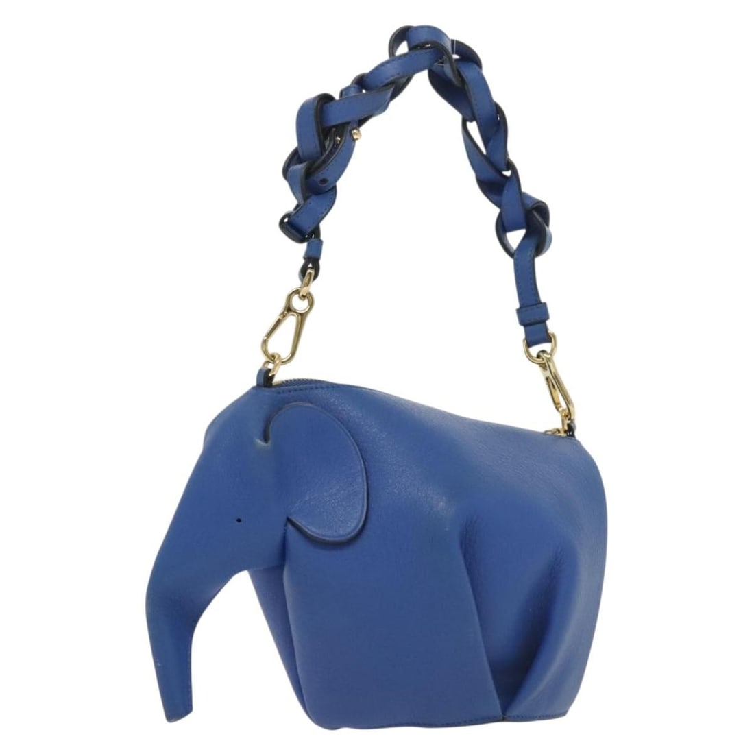 Blue Elephant Bag by Loewe Designer Handbag: Blue Elephant Bag by Loewe Designer Handbag This Loewe Elephant bag in blue features a distinct design crafted for women. The exterior shows some loss of shape and rubbing, while the handles display r