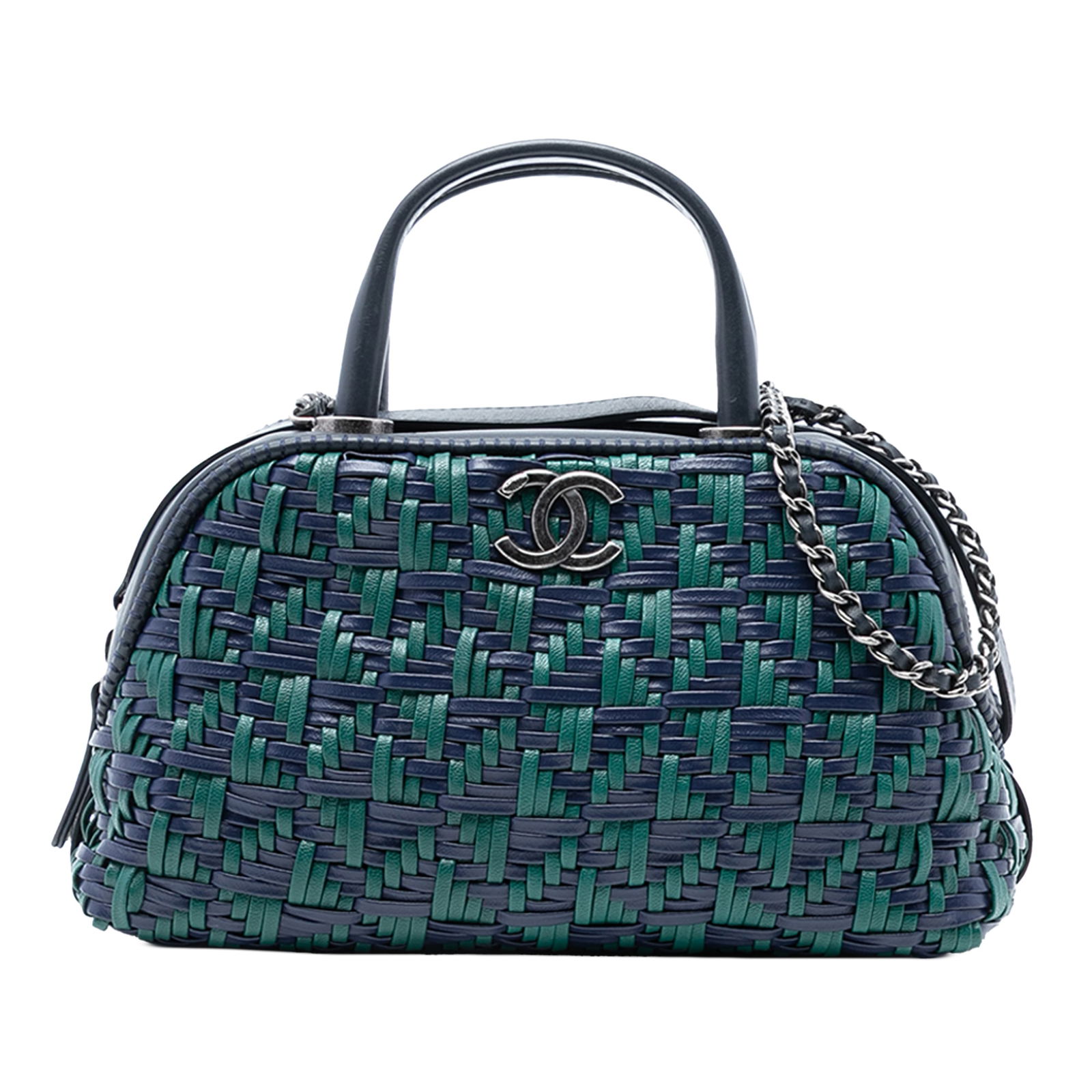 Chanel CC Woven Calfskin Bowling Bag Blue Italy Leather (1 of 7)