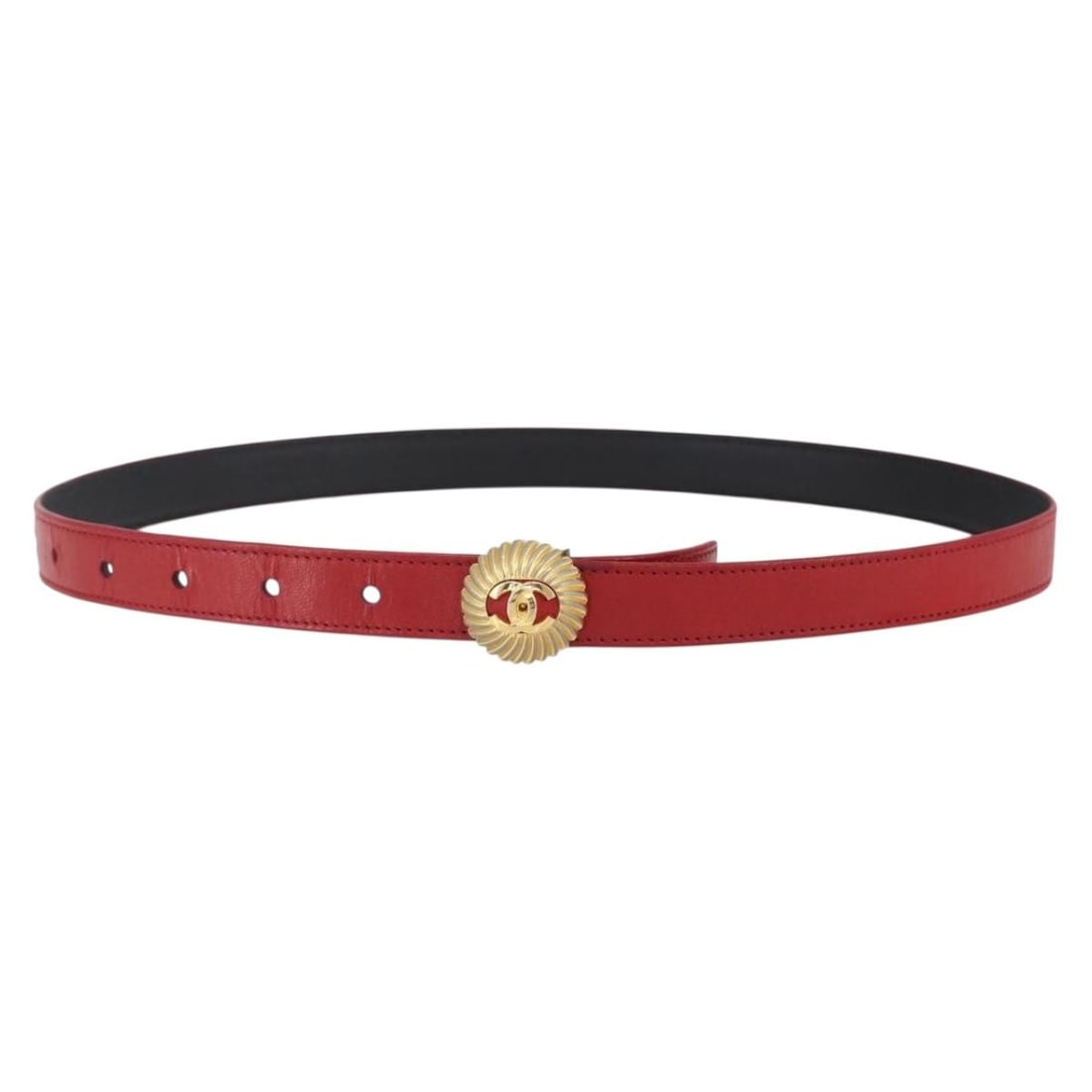 CHANEL Red Leather Belt 32.7in Gold CC Auth: CHANEL Red Leather Belt 32.7in Gold CC Auth This authentic CHANEL belt is crafted from premium leather in a striking red and gold color scheme. The belt measures approximately 32.7 inches (83 cm) in t