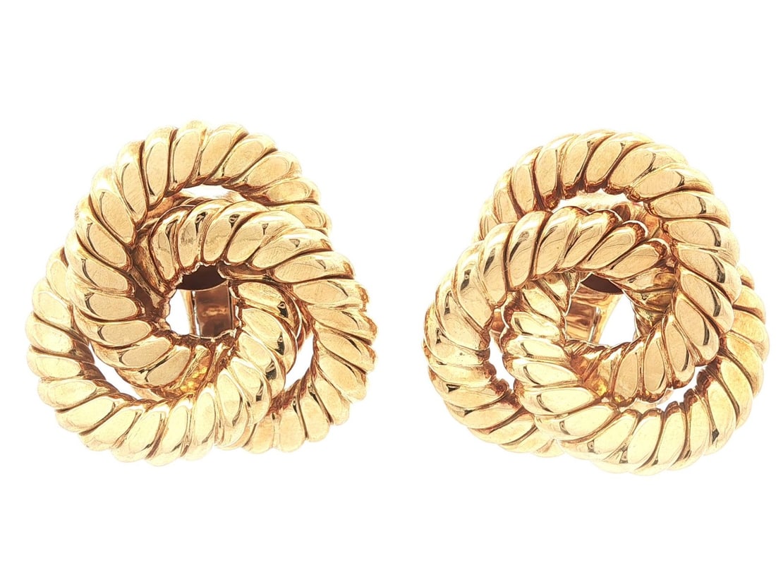 18k Yellow Gold Textured Infinity Clip On Earrings: 18k Yellow Gold Textured Infinity Clip On Earrings These stunning 18k Yellow Gold Textured Flat Rope Knot Infinity Clip On Earrings are crafted from solid 18k yellow gold, weighing 27.17 grams. Design