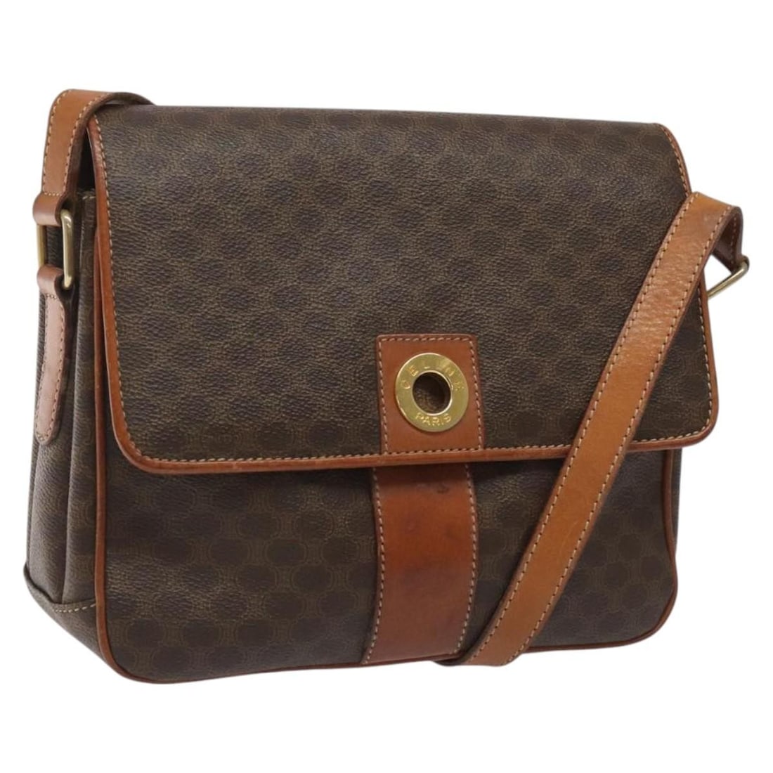 Macadam Pattern Brown Vintage Shoulder Bag by Celine: Macadam Pattern Brown Vintage Shoulder Bag by Celine This pre-owned Celine Macadam shoulder bag features a classic brown design and is intended for female use. It shows signs of use including surface