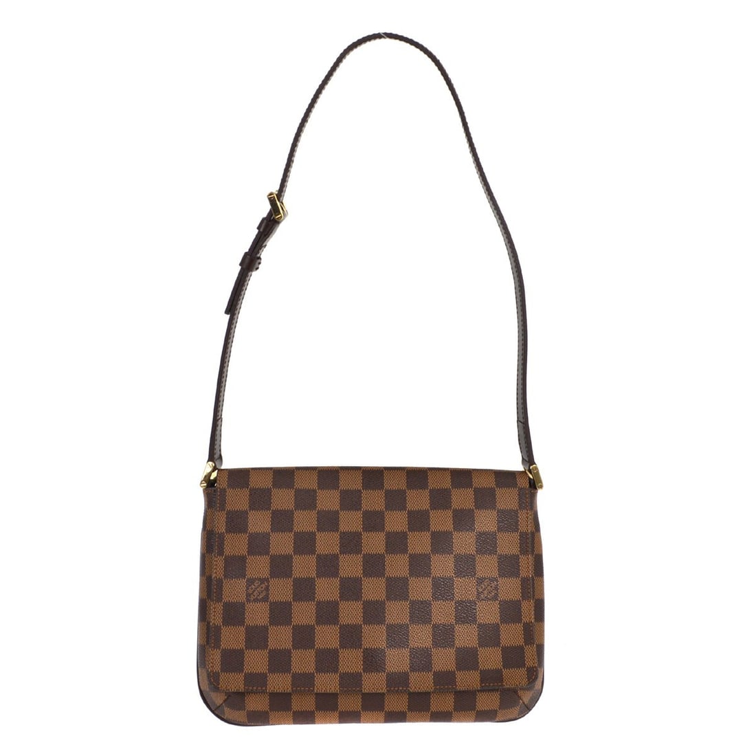 Musette Tango Shoulder Bag in Brown Damier Canvas: Musette Tango Shoulder Bag in Brown Damier Canvas This pre-owned Louis Vuitton Damier Musette Tango shoulder bag features a classic brown design. It is in fair condition, with visible dirt and stains