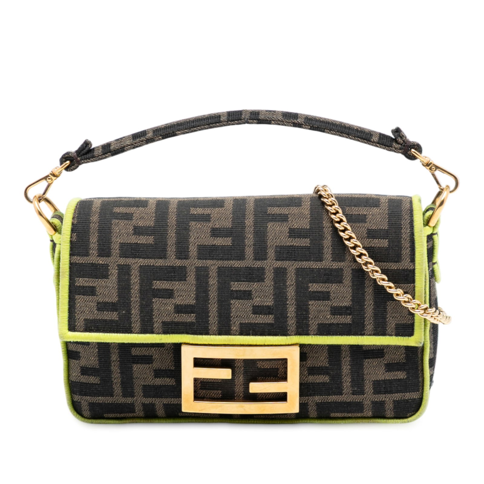 Fendi Mini Zucca 1974 Roma Amor Baguette Neon Trim Crossbody Bag: Fendi Mini Zucca 1974 Roma Amor Baguette Neon Trim Crossbody Bag This Fendi Mini Zucca Canvas 1974 Roma Amor Baguette Crossbody features a canvas body with neon color trim, a detachable top handle, an