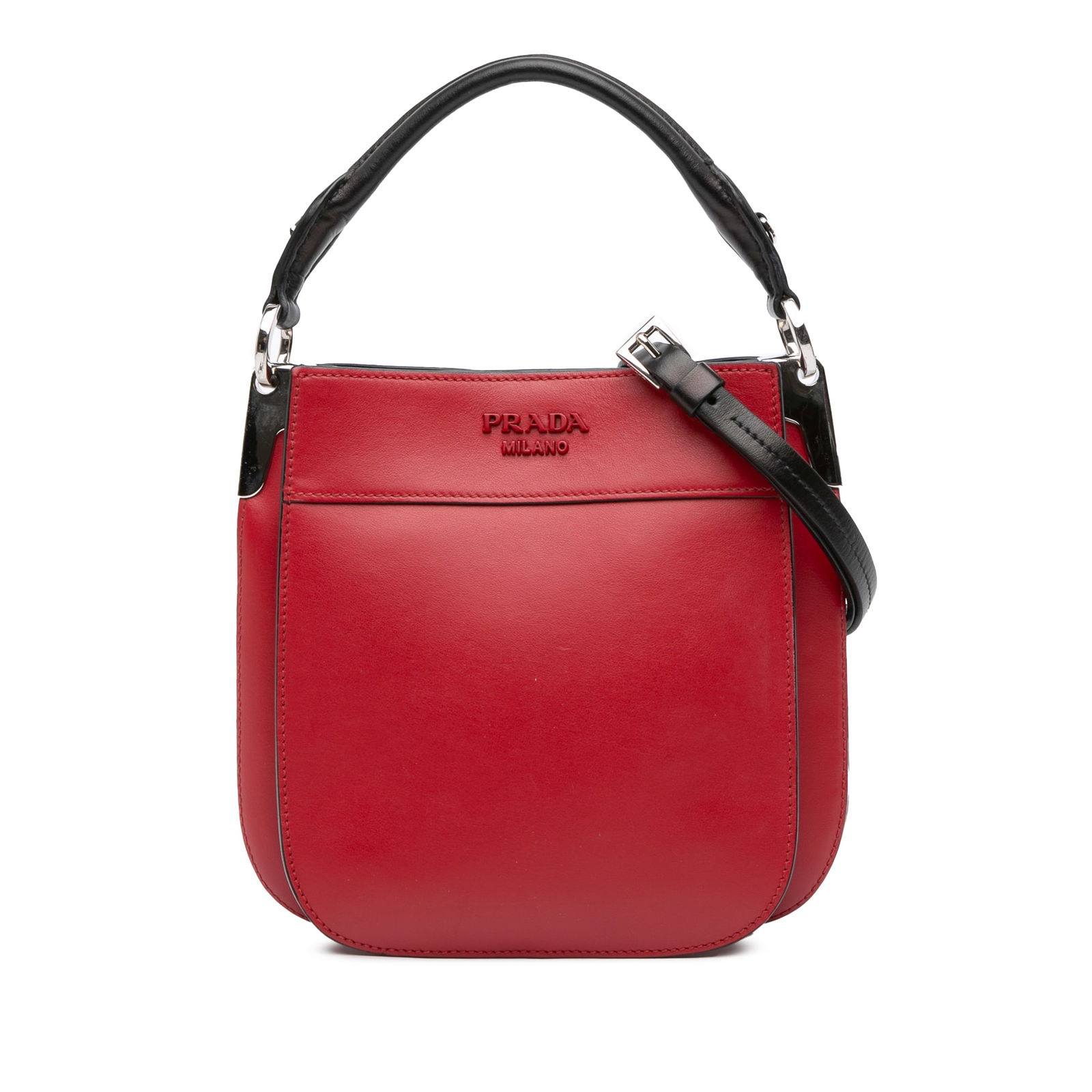 Prada Red Small City Calf Margit Satchel with Rolled Handle: Prada Red Small City Calf Margit Satchel with Rolled Handle Discover the Prada Small City Calf Margit Satchel, a stylish and functional accessory crafted from premium leather. This eye-catching red sa