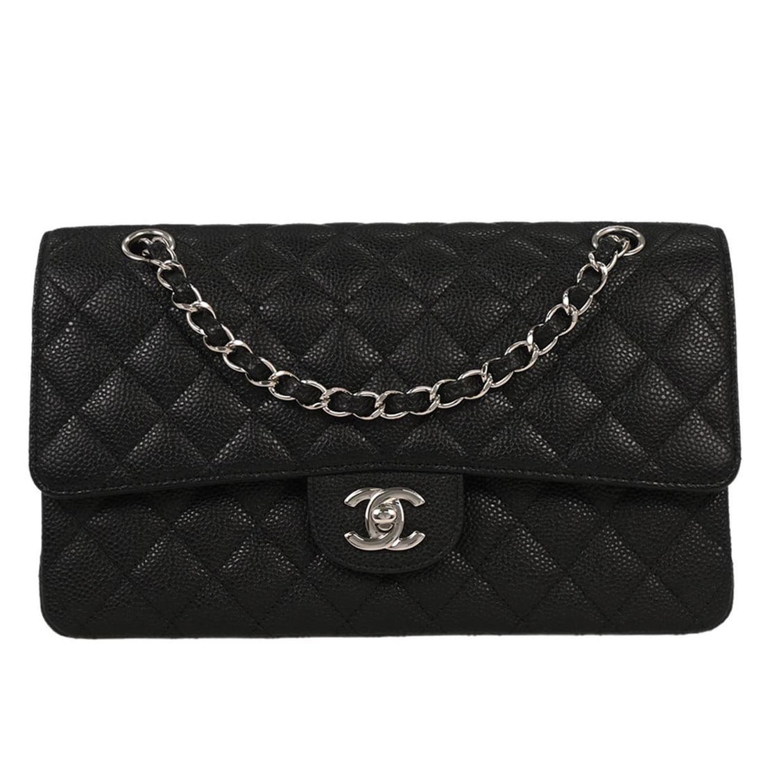 Chanel Black Caviar Leather Medium Classic Double Flap Shoulder Bag: Chanel Black Caviar Leather Medium Classic Double Flap Shoulder Bag This exquisite Chanel Medium Classic Double Flap Shoulder Bag is crafted from luxurious black caviar skin leather, featuring a styli