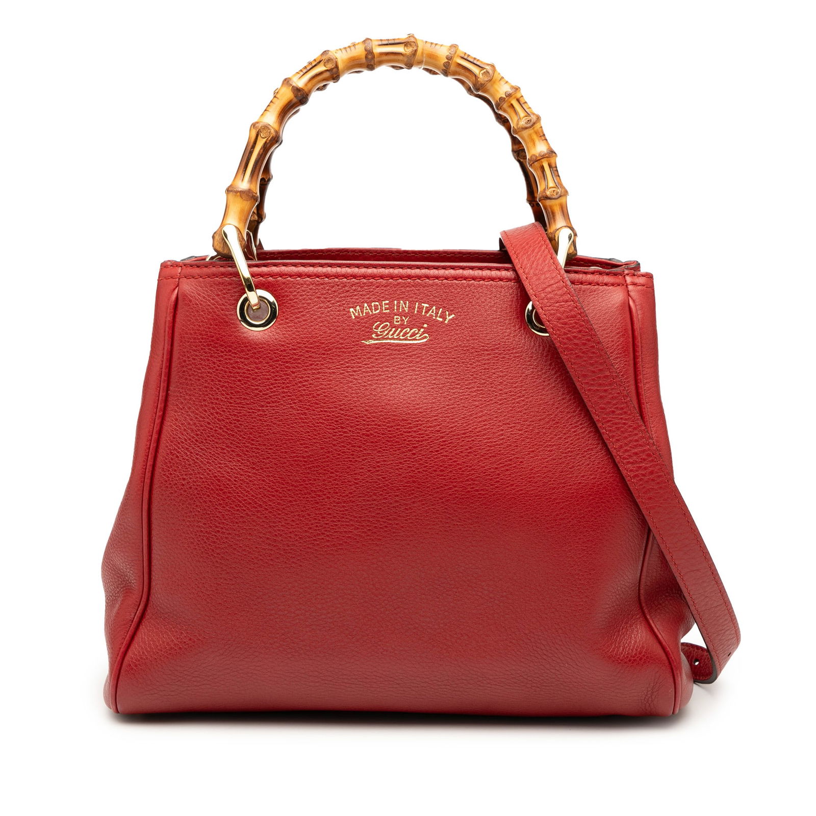 Gucci Red Small Calfskin Bamboo Shopper Satchel with Leather Strap: Gucci Red Small Calfskin Bamboo Shopper Satchel with Leather Strap This Gucci Small Calfskin Bamboo Shopper Satchel is a stylish and versatile accessory made from high-quality leather. It features dis