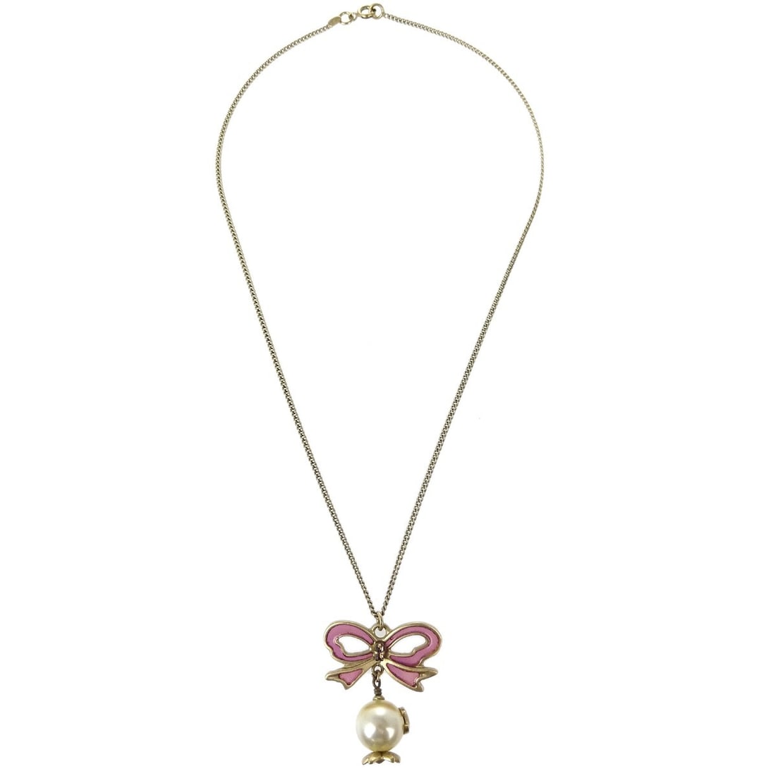 Gold Tone Necklace with Bow and CC Logo in White and Pink by Chanel (1 of 2)