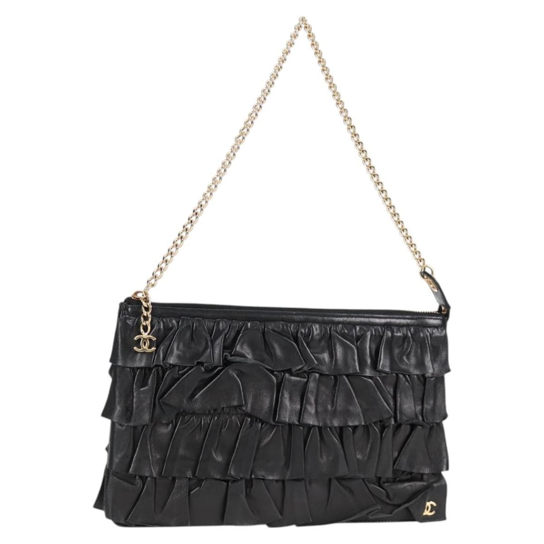 Chanel Black CC Logo Chain Fringe Leather Wristlet Bag: Chanel Black CC Logo Chain Fringe Leather Wristlet Bag This Chanel CC Chain Fringe Wristlet Clutch in black features surface rubbing on the exterior, slight loss of shape, and minor scratches on the h