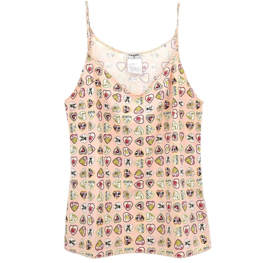 Pink Chanel Camisole Top Size 42 Nylon Spandex Summer Sleeveless: Pink Chanel Camisole Top Size 42 Nylon Spandex Summer Sleeveless This Chanel Valentine camisole features a sleeveless design with a round neckline, crafted from a blend of 75% nylon and 25% spandex fo