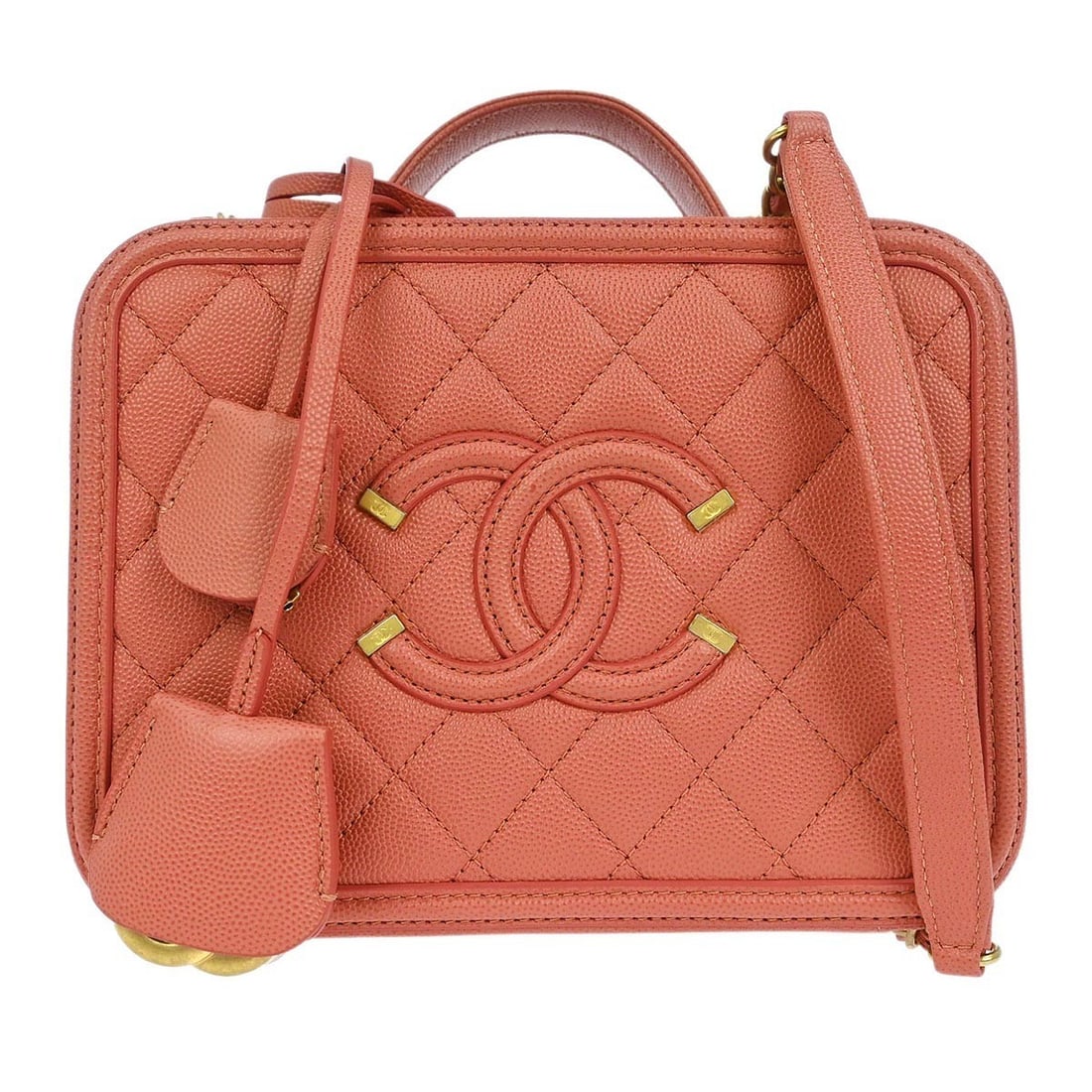 Chanel Pink Filigree Vanity Case Handbag: Chanel Pink Filigree Vanity Case Handbag This Chanel Filigree Vanity Case handbag is crafted in pink and designed for women. It is pre-owned and in excellent condition, displaying minimal signs of use