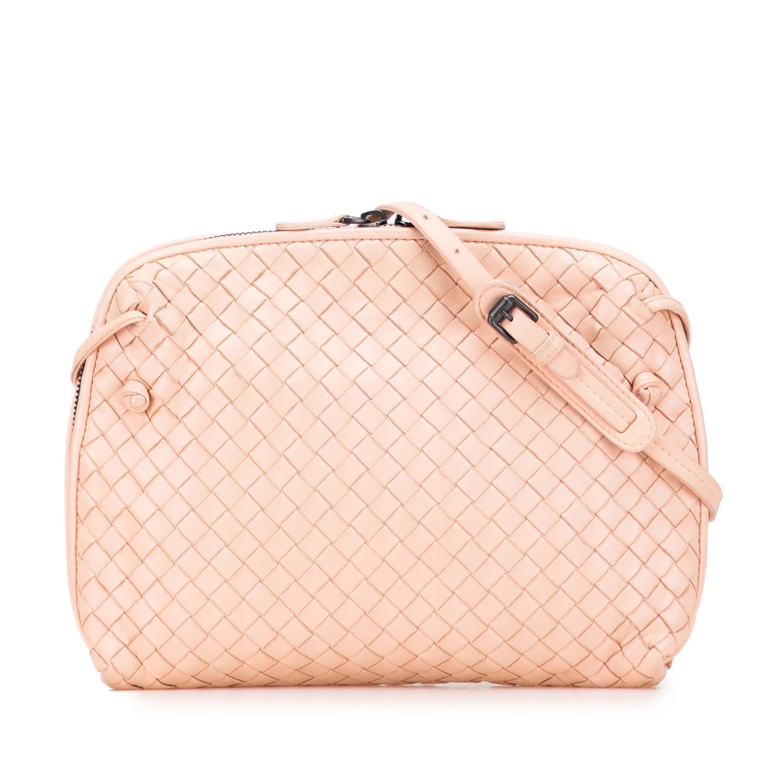 Bottega Veneta Pink Nappa Intrecciato Nodini Crossbody Bag: Bottega Veneta Pink Nappa Intrecciato Nodini Crossbody Bag This Bottega Veneta Nappa Intrecciato Nodini Crossbody bag is a stylish accessory crafted from luxurious woven leather. It features an adjust