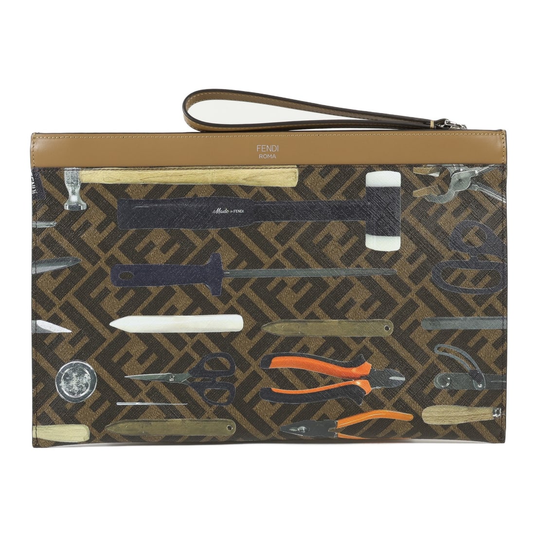 FENDI Brown Calfskin Leather Pouch 7N0134 Made in Italy: FENDI Brown Calfskin Leather Pouch 7N0134 Made in Italy This FENDI SHW Pouch is an elegant accessory crafted from luxurious calfskin leather in a rich brown hue. Measuring 11.4 inches in length, 7.5 i