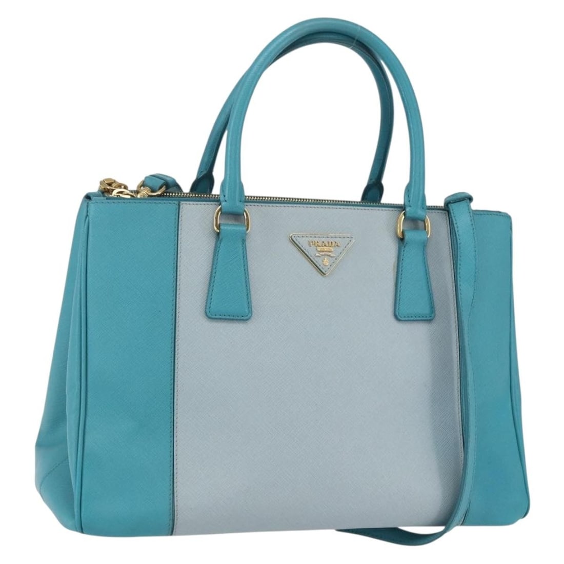 Green Saffiano Leather Two Way Prada Handbag with Strap BA9274V: Green Saffiano Leather Two Way Prada Handbag with Strap BA9274V This is a PRADA 2-way handbag crafted from Saffiano leather in green with gold accents. The bag features both top handles and a detachab