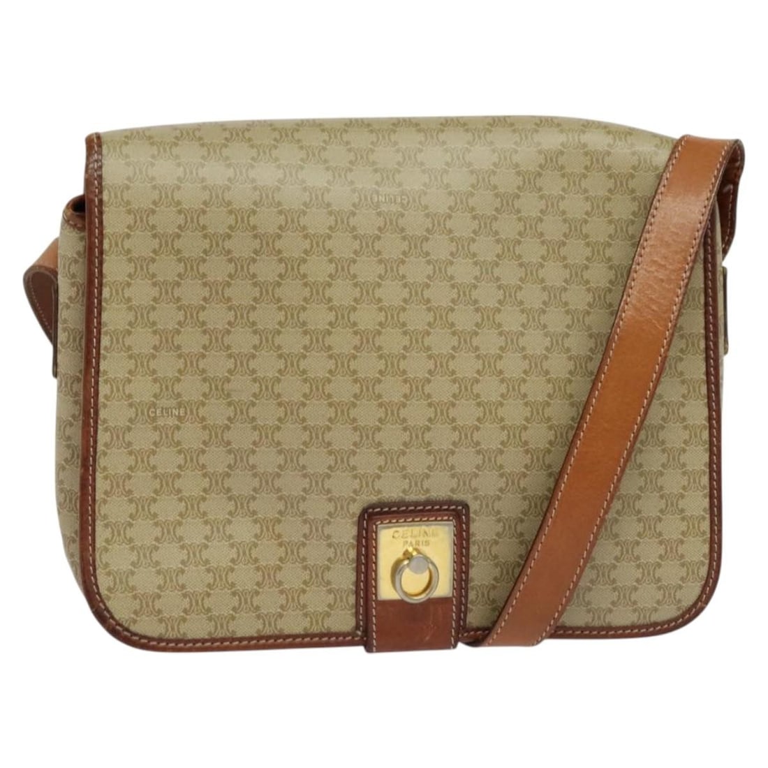 Beige Macadam Pattern Shoulder Bag by Celine Vintage Collection: Beige Macadam Pattern Shoulder Bag by Celine Vintage Collection This Celine Vintage Macadam Shoulder Bag in beige showcases the classic Macadam pattern and is designed for female use. The bag exhibits