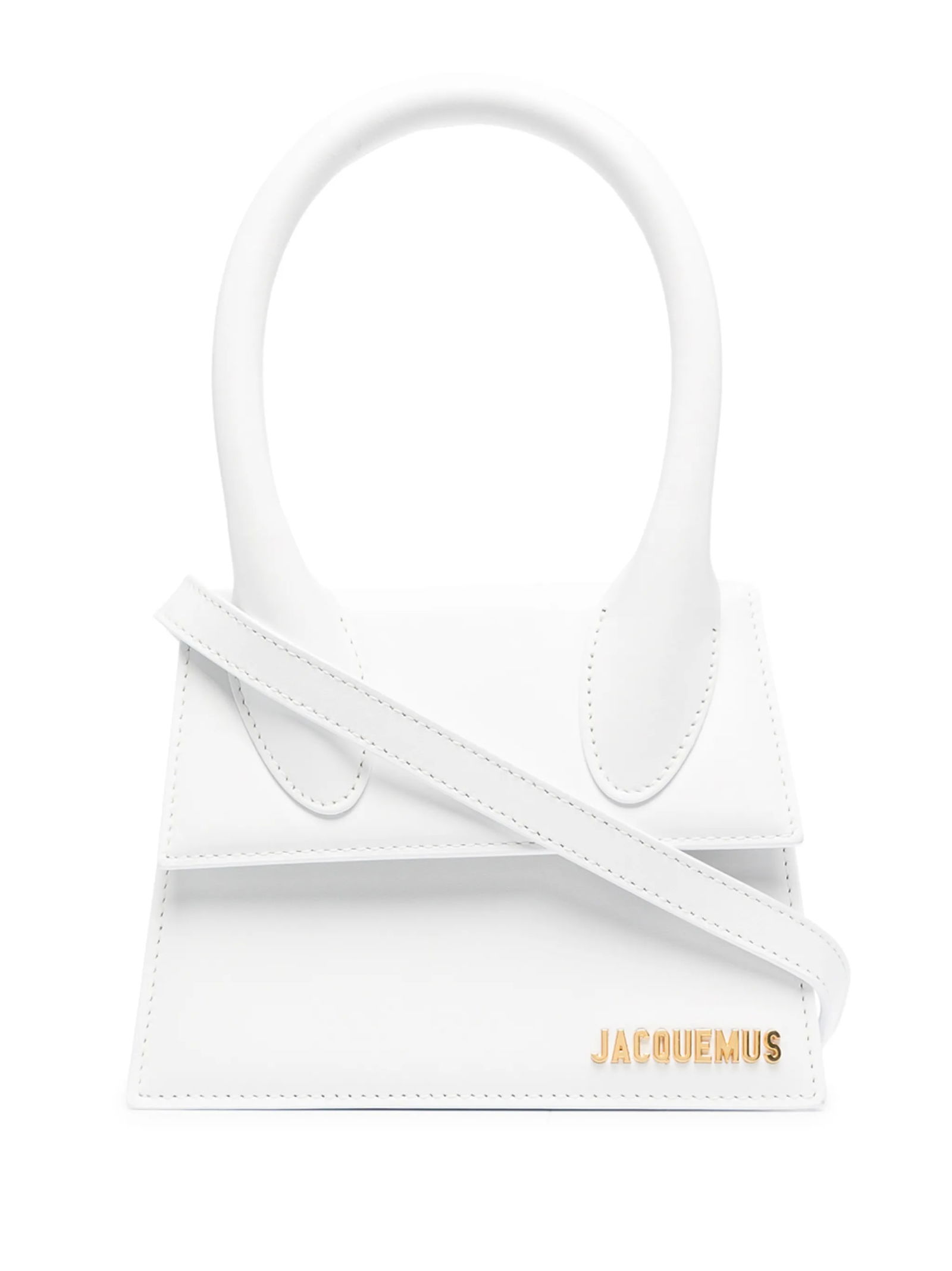 Le Chiquito Moyen White Handbag by Jacquemus: Le Chiquito Moyen White Handbag by Jacquemus This pre-owned Jacquemus Le Chiquito Moyen bag features a geometric design in white and is crafted for female use. The handbag is in excellent, pristine co