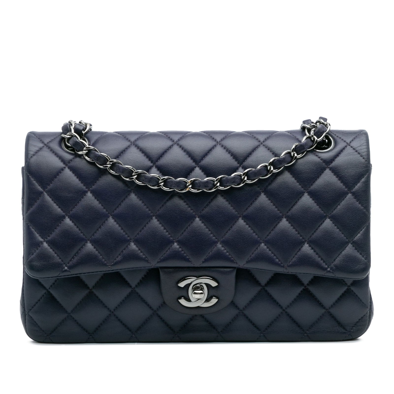 Chanel Medium Classic Blue Lambskin Double Flap Shoulder Bag: Chanel Medium Classic Blue Lambskin Double Flap Shoulder Bag Introducing the Chanel Medium Classic Lambskin Double Flap shoulder bag, a timeless accessory crafted from luxurious quilted lambskin leath