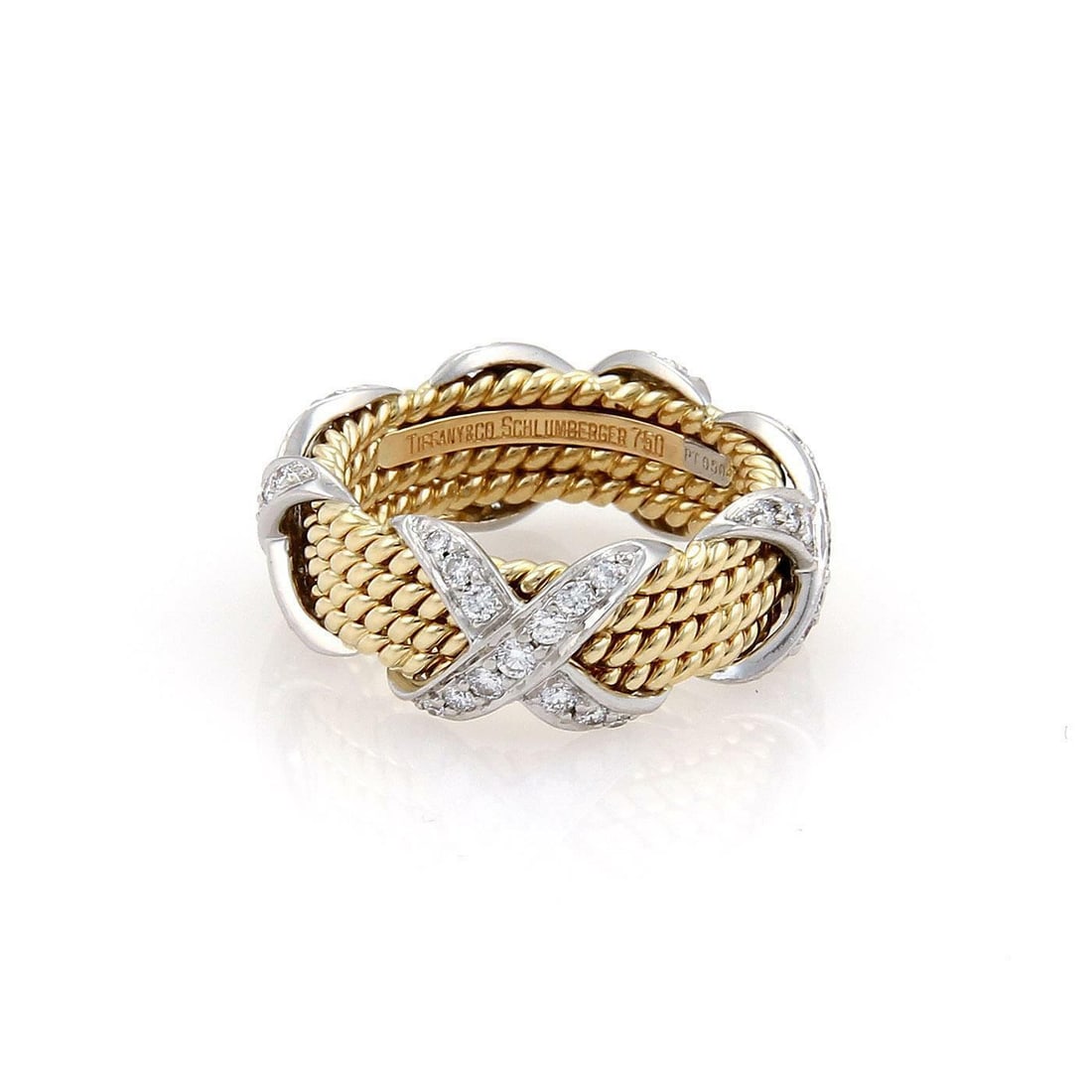 Tiffany & Co Schlumberger Diamond X Band Ring 18k Yellow Gold Platinum Size 4.75: Tiffany & Co Schlumberger Diamond X Band Ring 18k Yellow Gold Platinum Size 4.75 Experience the elegance of this authentic Jean Schlumberger 'X' band ring, a timeless symbol of love. Crafted in a comb