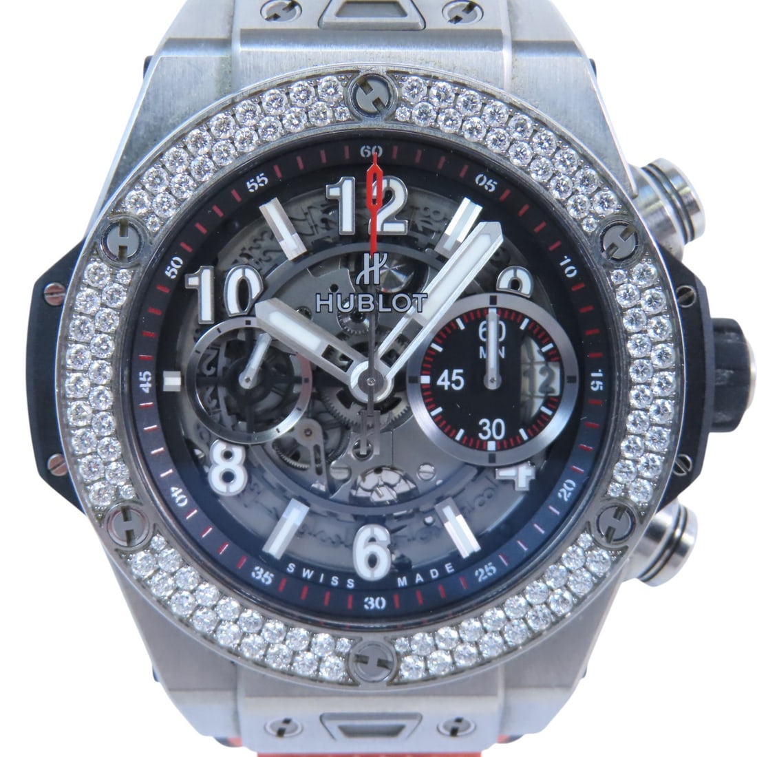 Hublot Unico 45mm Automatic Titanium Watch with Diamond Accent: Hublot Unico 45mm Automatic Titanium Watch with Diamond Accent This HUBLOT UNICO wristwatch combines luxury with innovative design. Crafted from high-quality titanium, the watch features a striking bl