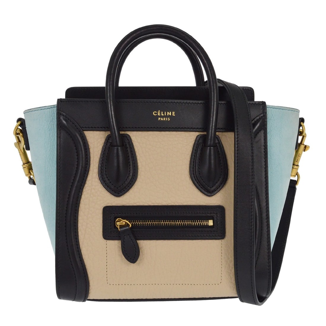 Tricolor Nano Luggage Tote Handbag by Celine in Beige Navy Light Blue: Tricolor Nano Luggage Tote Handbag by Celine in Beige Navy Light Blue This pre-owned Celine Nano Luggage Tote Bag features a tricolor design in beige, navy, and light blue. The exterior shows some dir