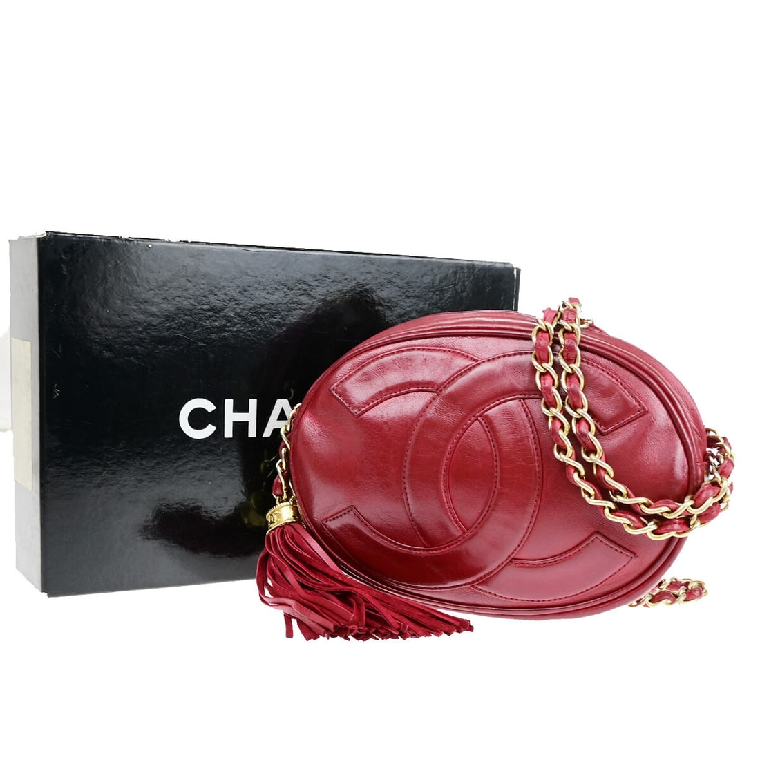 Red Oval Chain Shoulder Bag by Chanel with CC Logo Vintage (1 of 1)