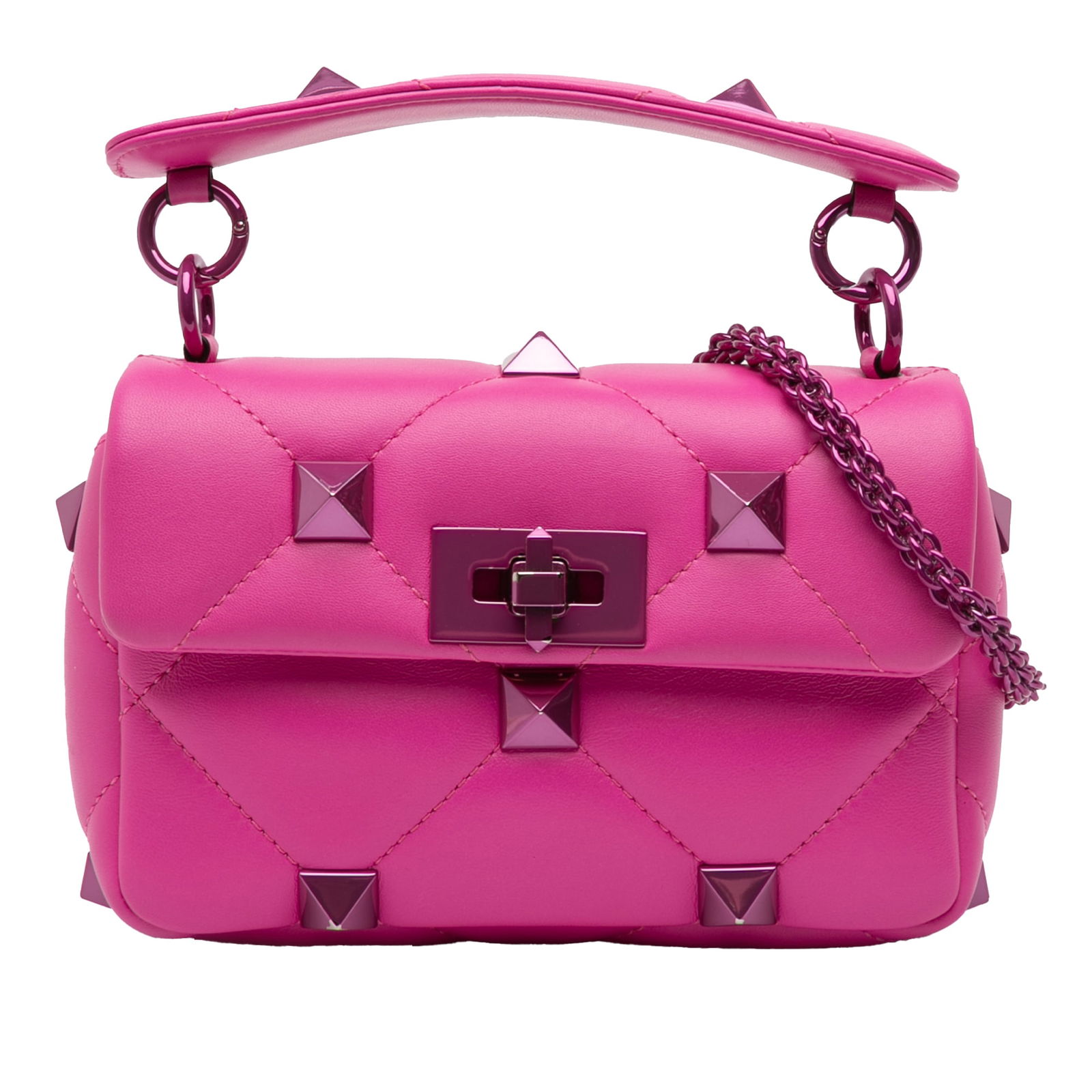 Pink Leather Valentino Small Roman Stud Quilted Satchel with Top Handle: Pink Leather Valentino Small Roman Stud Quilted Satchel with Top Handle This Valentino Small Nappa Lacquer Monochrome Roman Stud Satchel showcases a studded and quilted leather design in pink. It feat