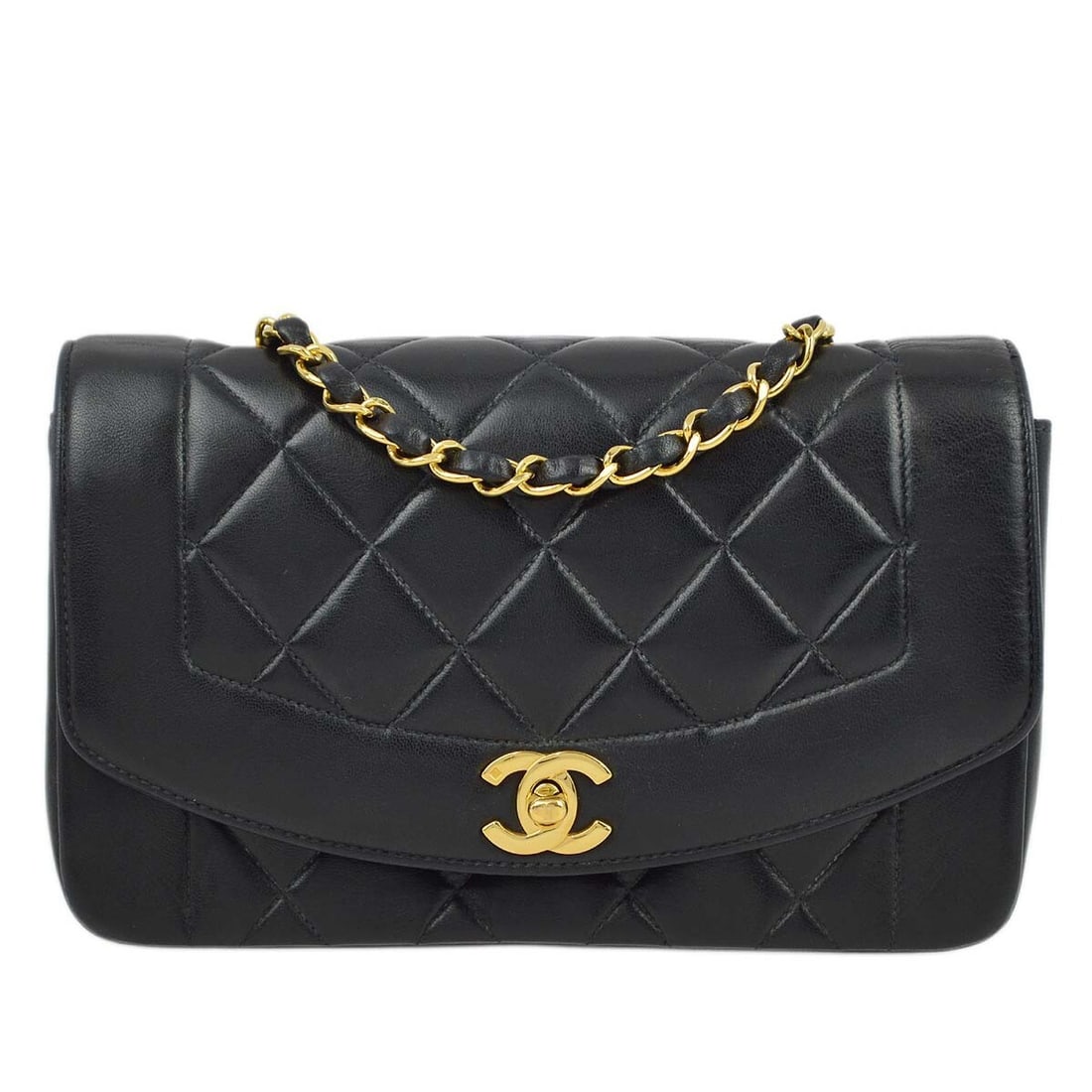 Chanel Black Lambskin Small Diana Shoulder Bag with Chain Strap: Chanel Black Lambskin Small Diana Shoulder Bag with Chain Strap This Chanel Small Diana Shoulder Bag is a sophisticated accessory crafted from luxurious black lambskin. Featuring a classic matelasse p