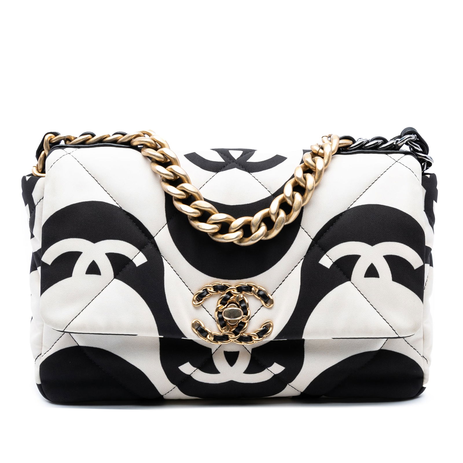Chanel Medium Printed Silk 19 Flap White Bag with CC Twist Lock: Chanel Medium Printed Silk 19 Flap White Bag with CC Twist Lock Introducing the Chanel Medium Printed Silk 19 Flap, a stunning handbag that combines elegance and practicality. This bag features a quil