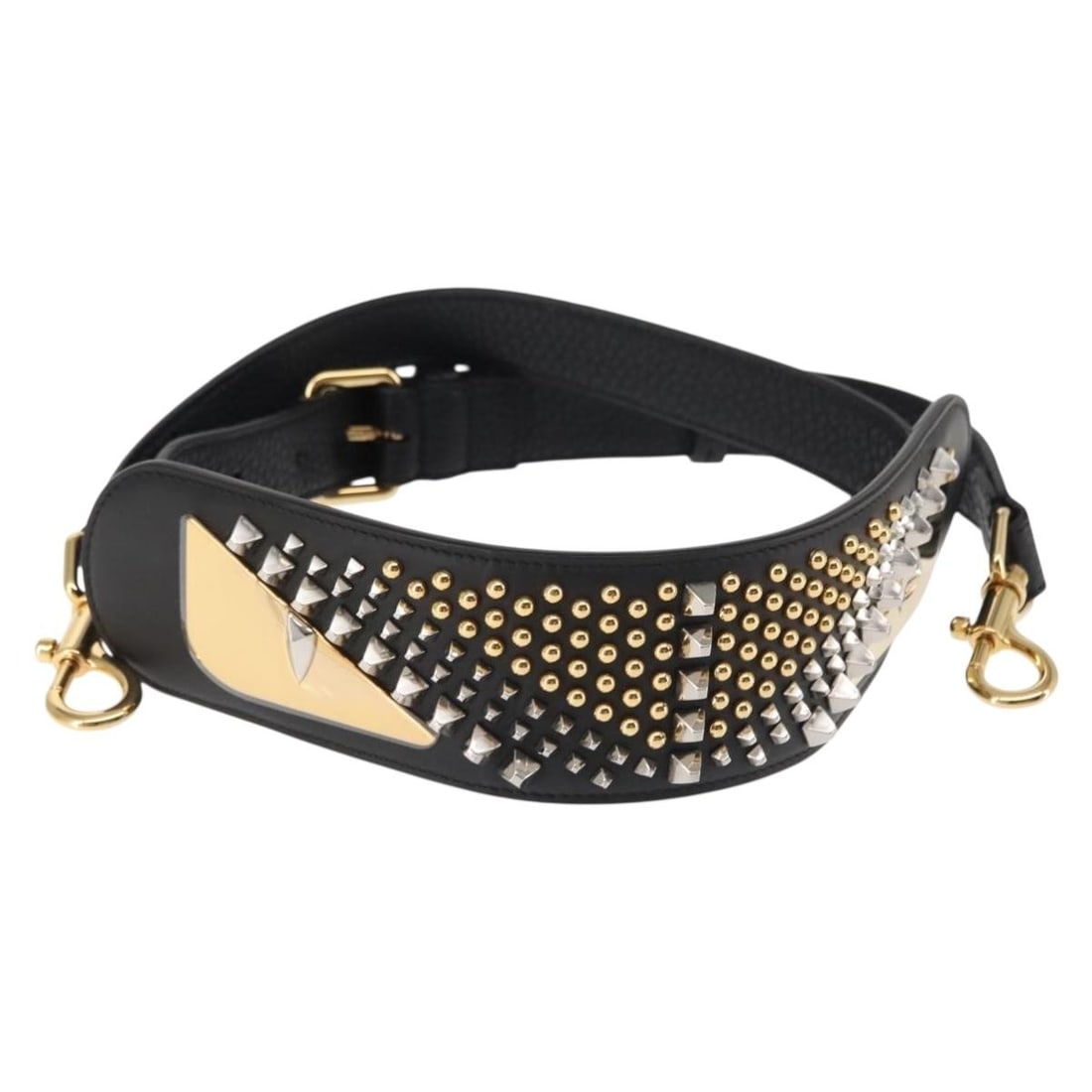 FENDI Monster Studs Leather Shoulder Strap Black Gold Authentic: FENDI Monster Studs Leather Shoulder Strap Black Gold Authentic Enhance your handbag with the FENDI Monster Studs Shoulder Strap, expertly crafted from premium leather. This stylish strap features a c