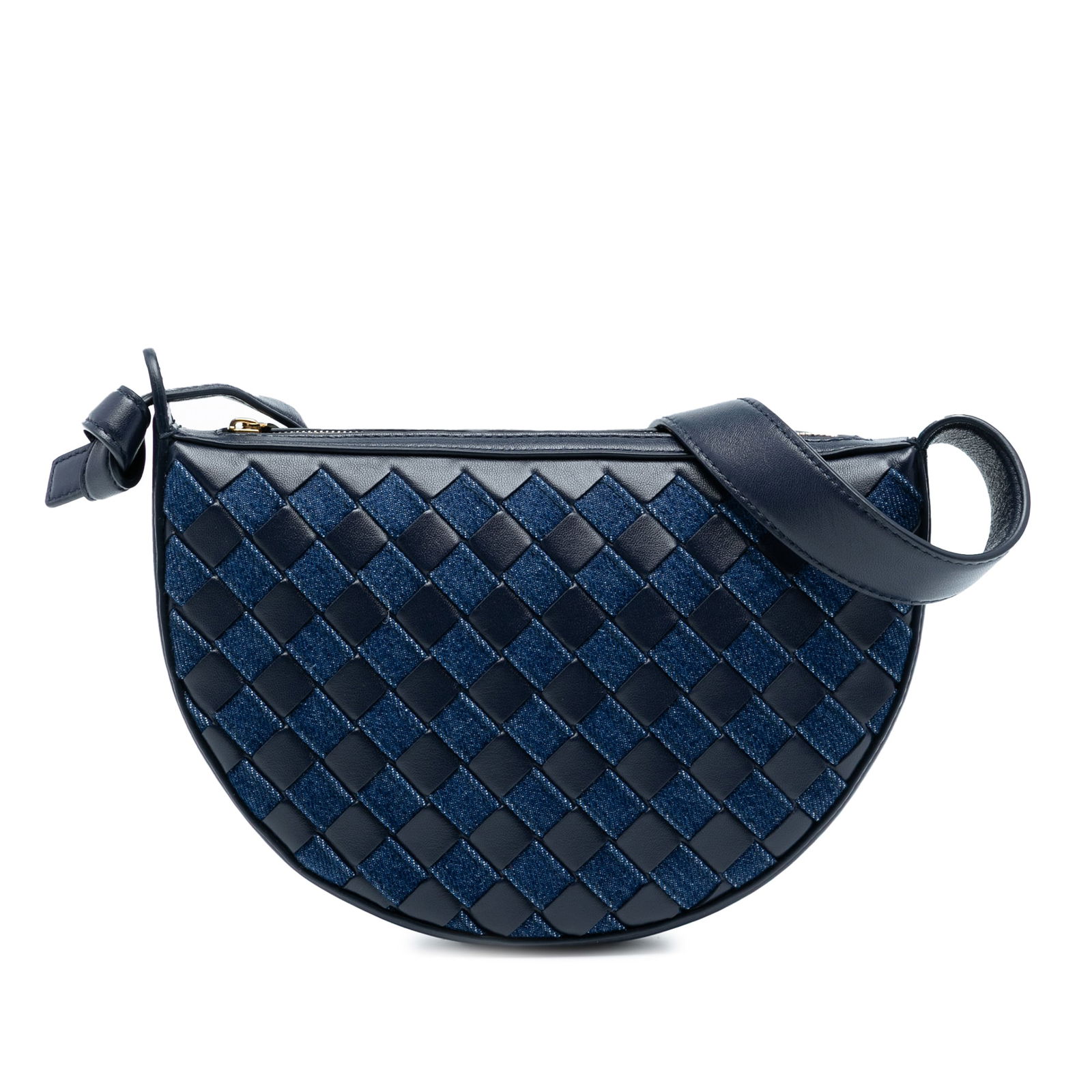 Mini Intrecciato Sunrise Hobo Bag by Bottega Veneta in Leather and Denim: Mini Intrecciato Sunrise Hobo Bag by Bottega Veneta in Leather and Denim This Bottega Veneta Mini Intrecciato Sunrise Hobo bag showcases a distinctive woven leather and denim exterior in blue, complem