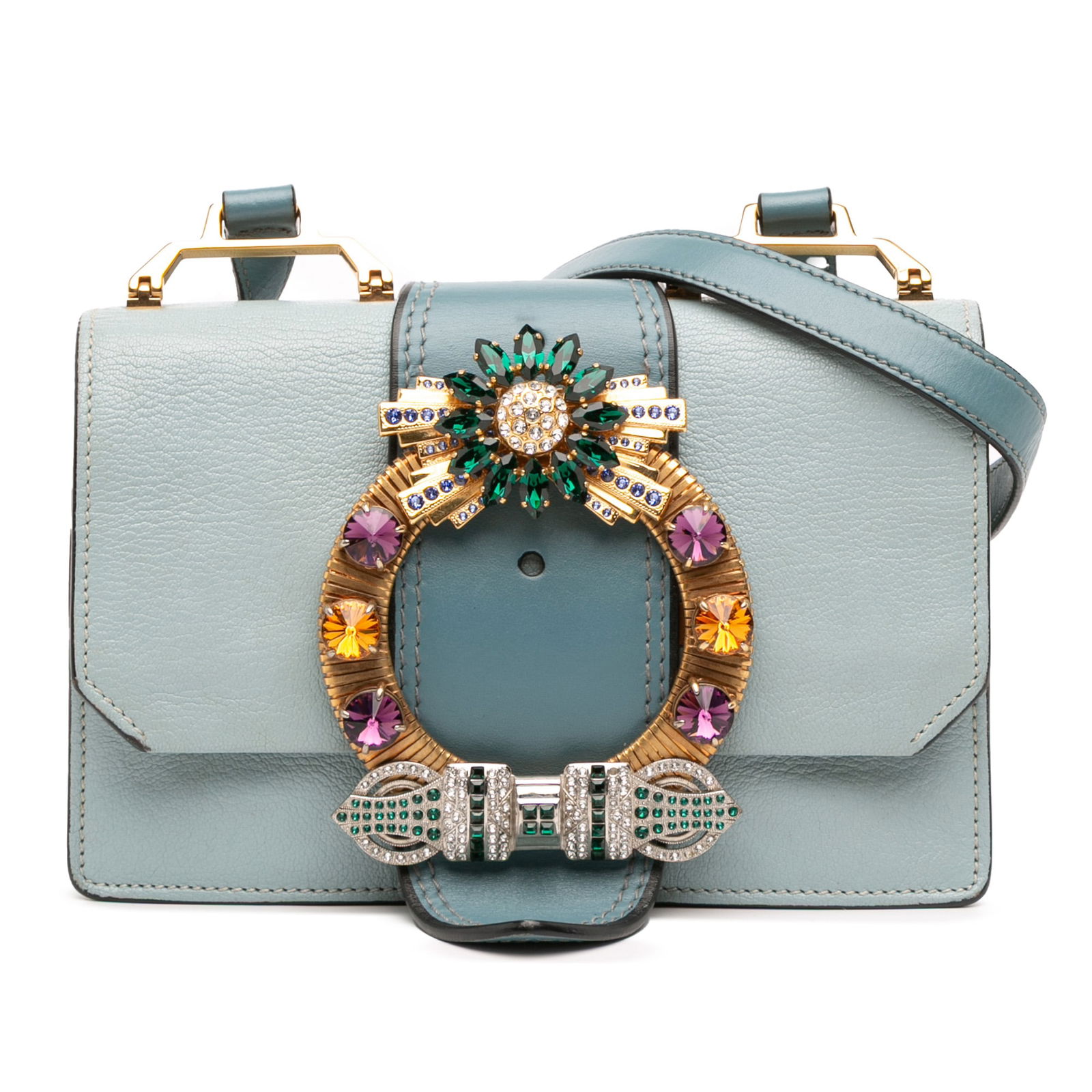 Miu Miu Goatskin Madras Soft Calf Blue Crystal Crossbody Bag: Miu Miu Goatskin Madras Soft Calf Blue Crystal Crossbody Bag Presenting the Miu Miu Goatskin Madras Soft Calf Crystal Embellished Crossbody, a stylish accessory that combines luxury with functionality