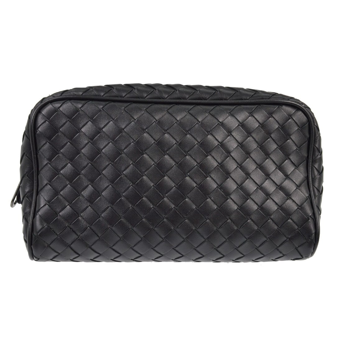 Intrecciato Mini Cosmetic Clutch in Black Leather by Bottega Veneta: Intrecciato Mini Cosmetic Clutch in Black Leather by Bottega Veneta This Bottega Veneta Intrecciato mini clutch is crafted from black calfskin leather featuring the iconic woven pattern. The pouch has