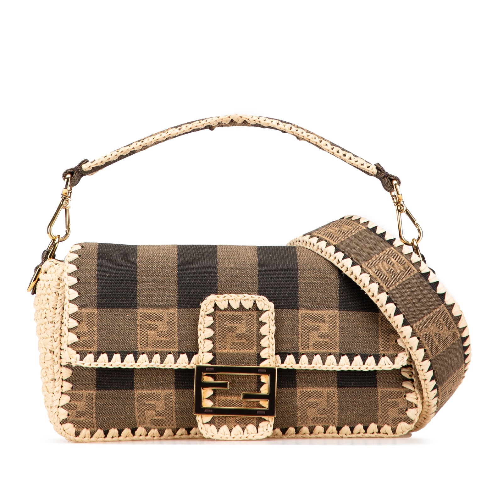 Fendi Pequin Gingham Canvas Raffia Baguette Satchel Italy: Fendi Pequin Gingham Canvas Raffia Baguette Satchel Italy Introducing the Fendi Pequin Gingham Canvas And Raffia Baguette Satchel, a stylish blend of functionality and elegance. This satchel is crafte