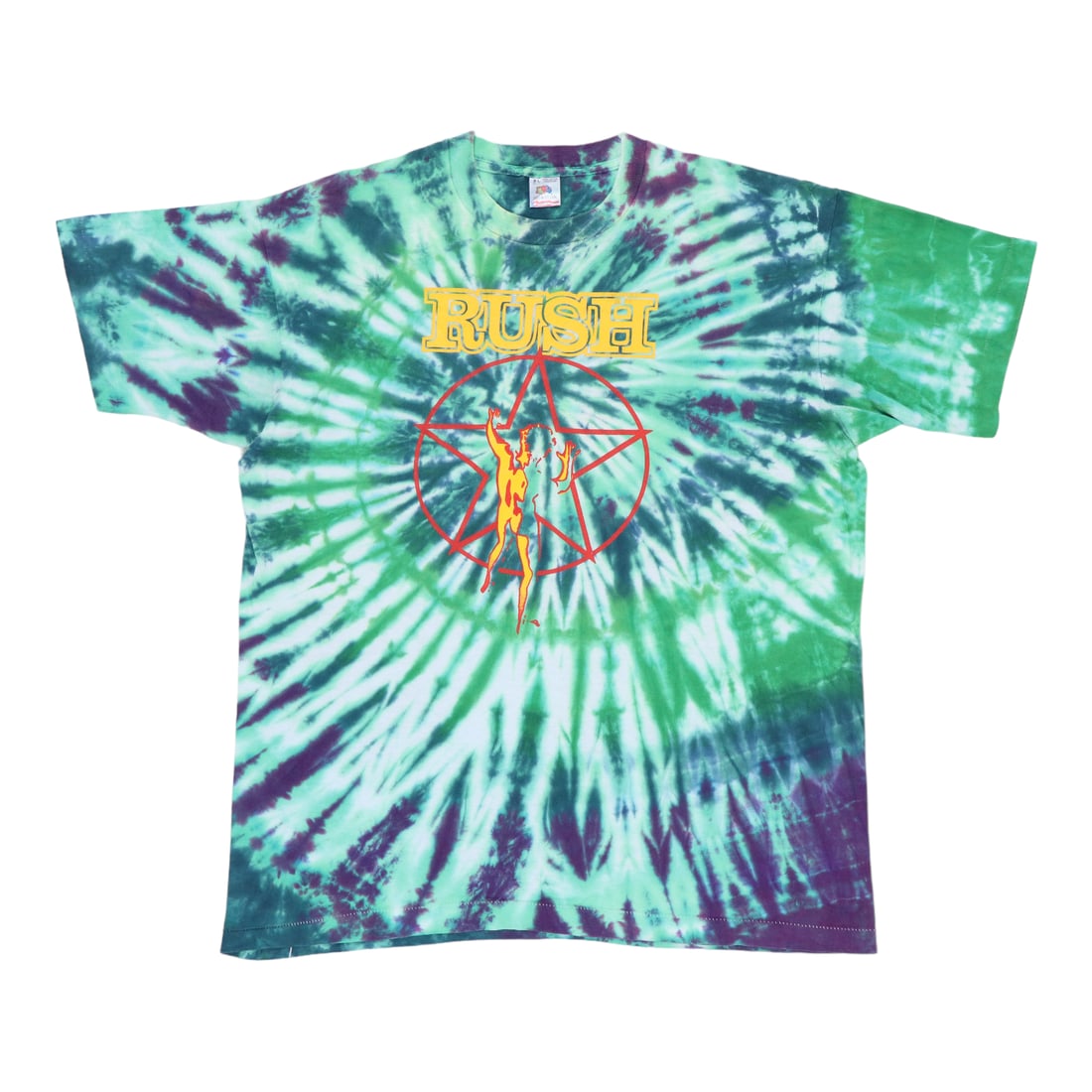Vintage 1990s Rush Starman Tie Dye Shirt 100% Cotton: Vintage 1990s Rush Starman Tie Dye Shirt 100% Cotton Embrace the vibrant spirit of the 1990s with this original vintage Rush Starman Tie Dye Shirt. Crafted from 100% cotton, this shirt showcases a uni