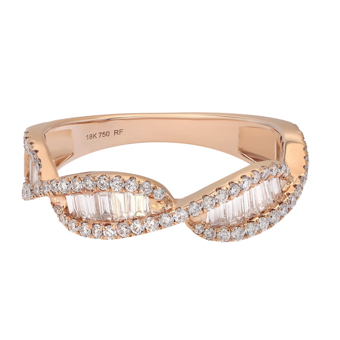 Rachel Koen 18K Rose Gold Diamond Twist Band Ring 0.81ct G VS2 Size 6.75: Rachel Koen 18K Rose Gold Diamond Twist Band Ring 0.81ct G VS2 Size 6.75 This exquisite twist band ring is a stunning piece crafted in radiant 18K rose gold. It features an intricate design with two r