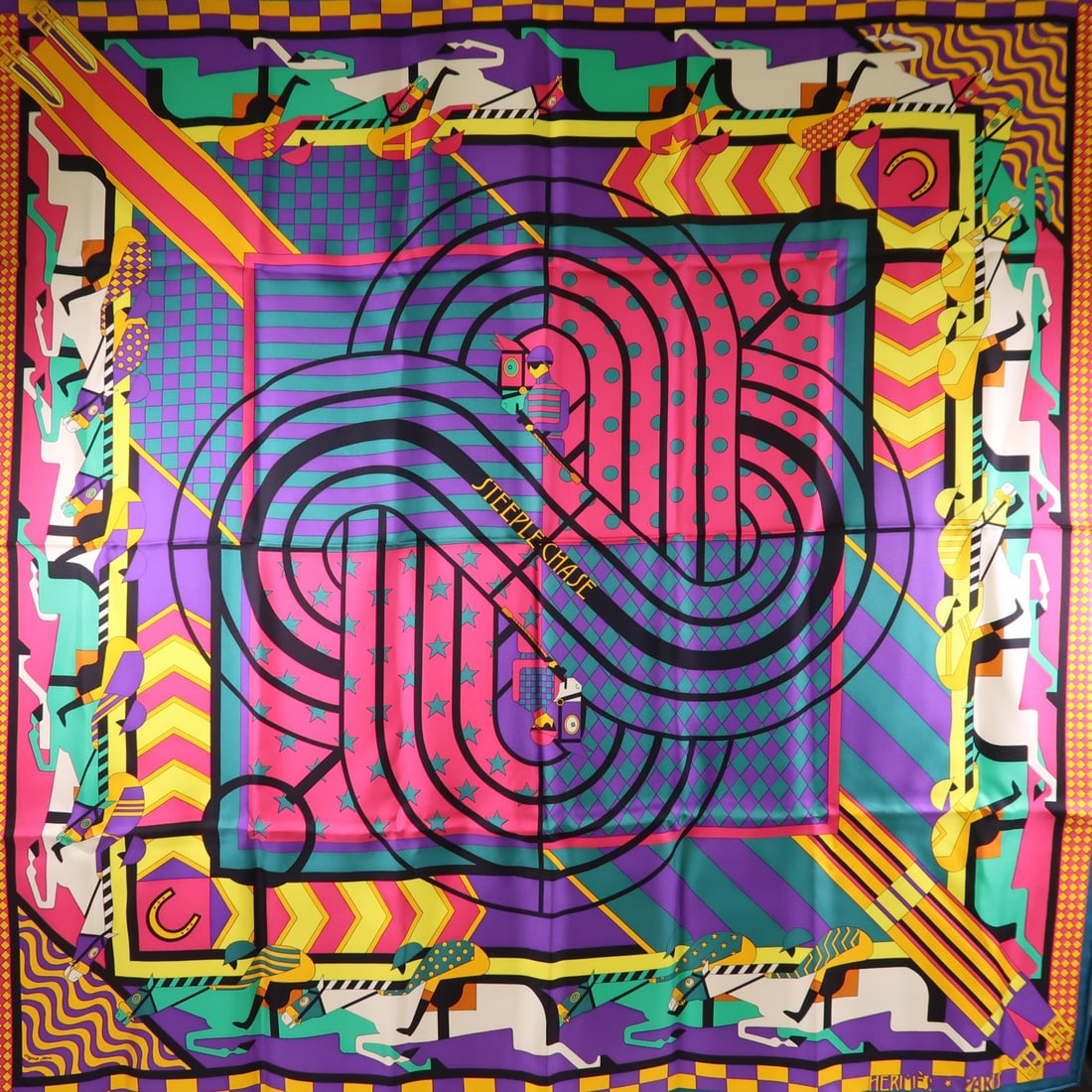 HERMES Silk Scarf in Pink Purple Green Pattern France (1 of 8)