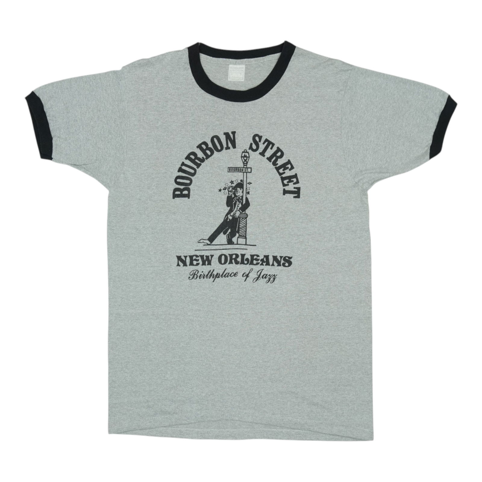 Vintage 1980s Bourbon Street Jazz Shirt Grey Graphic XL: Vintage 1980s Bourbon Street Jazz Shirt Grey Graphic XL Discover a true vintage gem with this 1980s Bourbon Street Birthplace of Jazz Shirt. This original shirt features captivating graphics on both t