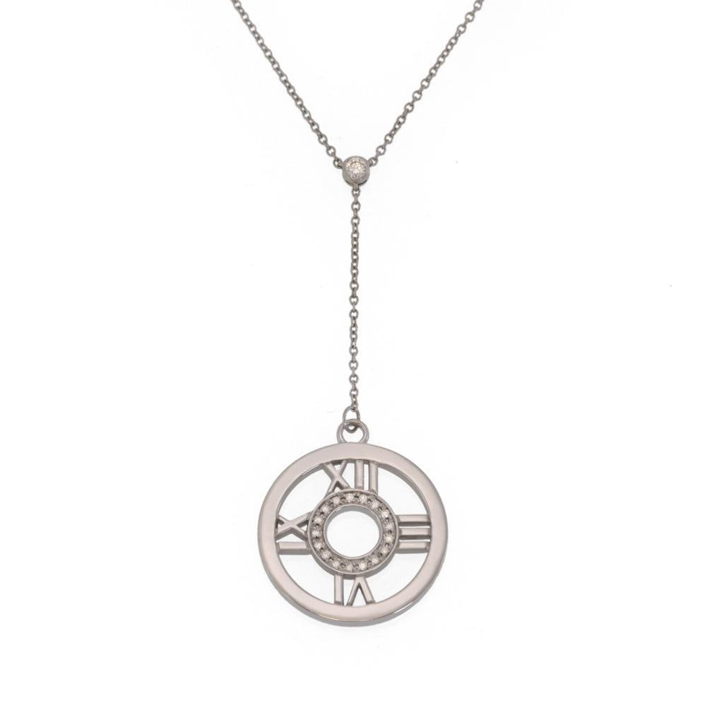 Tiffany & Co. Atlas 18k White Gold Lariat Necklace with Diamonds: Tiffany & Co. Atlas 18k White Gold Lariat Necklace with Diamonds This exquisite lariat necklace from the ATLAS Collection by Tiffany & Co. is a stunning addition to any jewelry collection. Crafted fro