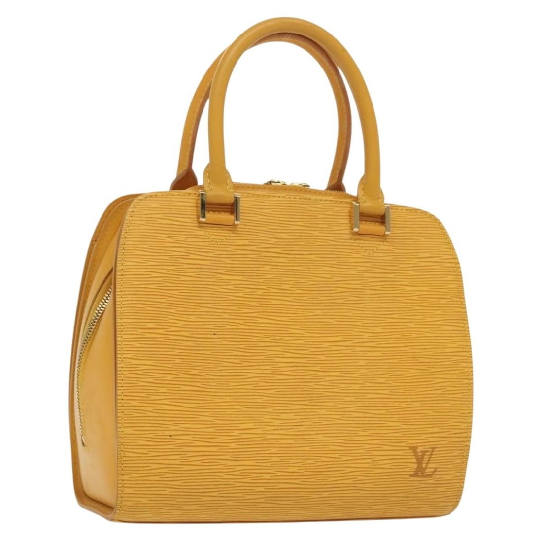 Yellow Pont Neuf Bag by Louis Vuitton: Yellow Pont Neuf Bag by Louis Vuitton This Louis Vuitton Pont Neuf handbag features a vibrant yellow exterior with a structured silhouette. The bag shows signs of gentle use with minor rubbing and lig