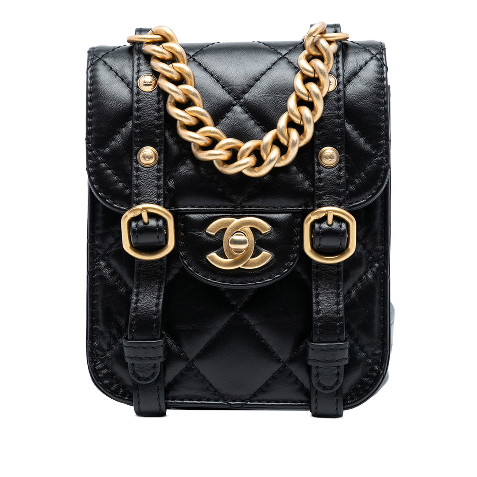 Black Chanel Mini City School Quilted Leather Flap Bag with Chain Strap: Black Chanel Mini City School Quilted Leather Flap Bag with Chain Strap This Chanel Mini Aged Calfskin City School Flap bag features a quilted leather body in black, a gold-tone chain link handle, an