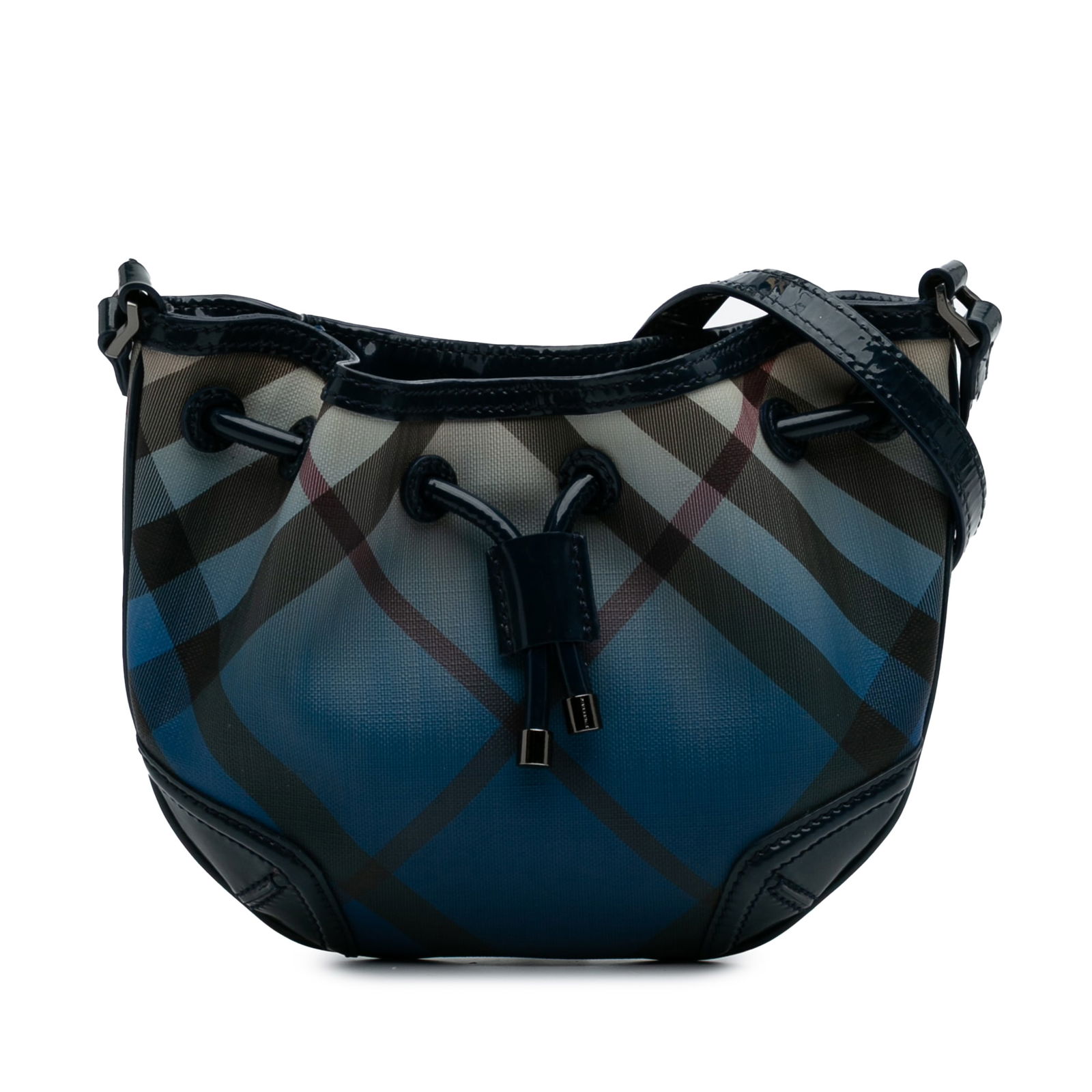 Burberry Supernova Check Gradient Drawstring Crossbody Bag Blue: Burberry Supernova Check Gradient Drawstring Crossbody Bag Blue Introducing the Burberry Supernova Check Coated Canvas Gradient Drawstring Crossbody bag, a stylish accessory that combines functionalit