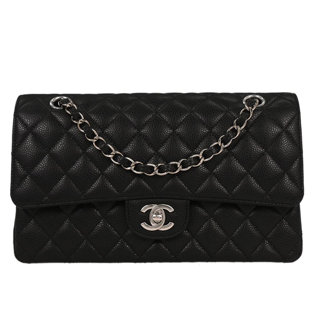 Chanel Black Caviar Medium Classic Double Flap Shoulder Bag: Chanel Black Caviar Medium Classic Double Flap Shoulder Bag This Chanel Black Calfskin Medium Classic Double Flap Shoulder Bag is a timeless accessory that effortlessly combines elegance with function