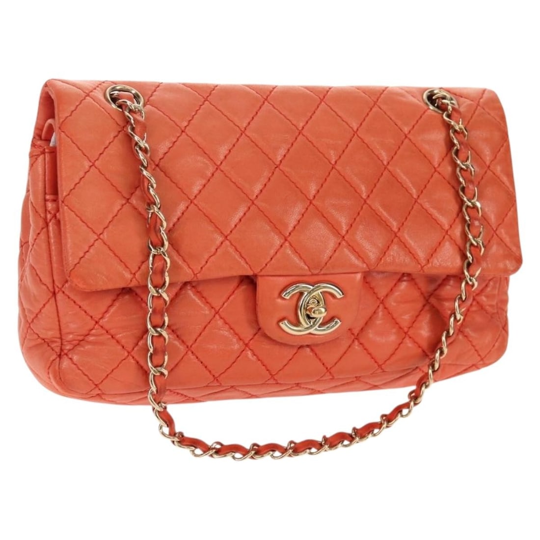 Orange Chanel Matelasse Double Flap Lambskin Shoulder Bag (1 of 1)