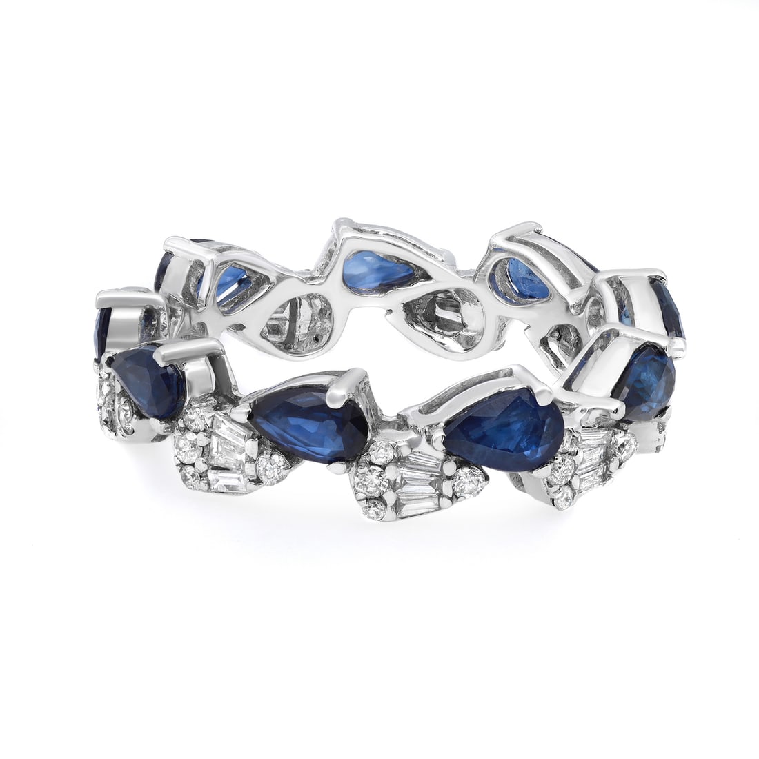 Rachel Koen 14K White Gold Blue Sapphire Diamond Eternity Band Ring: Rachel Koen 14K White Gold Blue Sapphire Diamond Eternity Band Ring This stunning eternity band ring showcases a captivating design featuring 9 pear-shaped, prong-set blue sapphires, beautifully alter