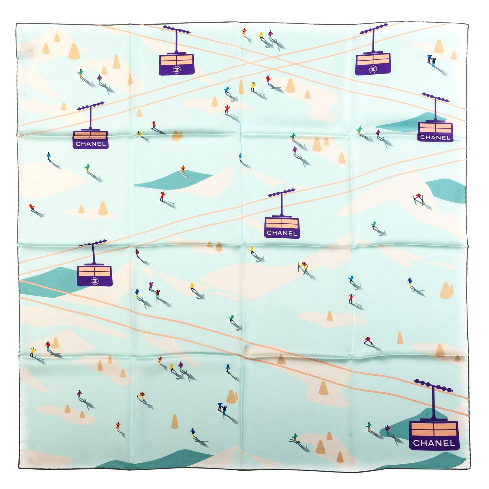 Chanel 35in Seafoam Mountains Silk Scarf Italy: Chanel 35in Seafoam Mountains Silk Scarf Italy Elevate your accessory collection with this stunning Chanel silk scarf. Featuring a captivating mountains design in a fresh seafoam and purple color pale