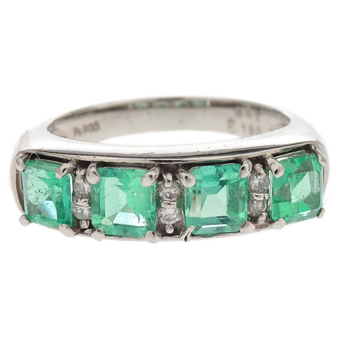 Vintage Pt900 Silver Ring with Round Emerald Gemstone Size 52 (1 of 4)