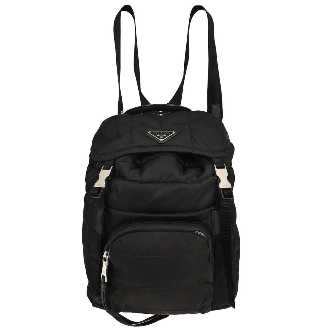 Black Backpack by Prada Bomber Collection: Black Backpack by Prada Bomber Collection This pre-owned Prada Bomber backpack features a classic black design. The exterior shows some stains and the zipper has rust, while the interior remains in ve