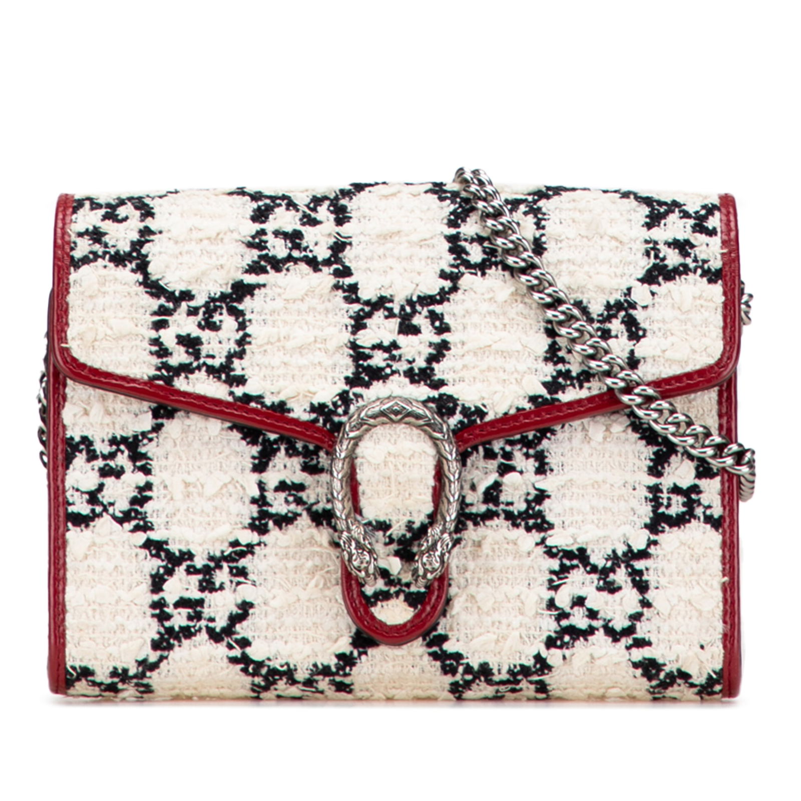 Gucci Mini GG Tweed Dionysus Wallet on Chain White Fabric: Gucci Mini GG Tweed Dionysus Wallet on Chain White Fabric This Gucci Mini GG Tweed Dionysus Wallet on Chain is a stylish accessory featuring a tweed body complemented by leather trim. It is designed w