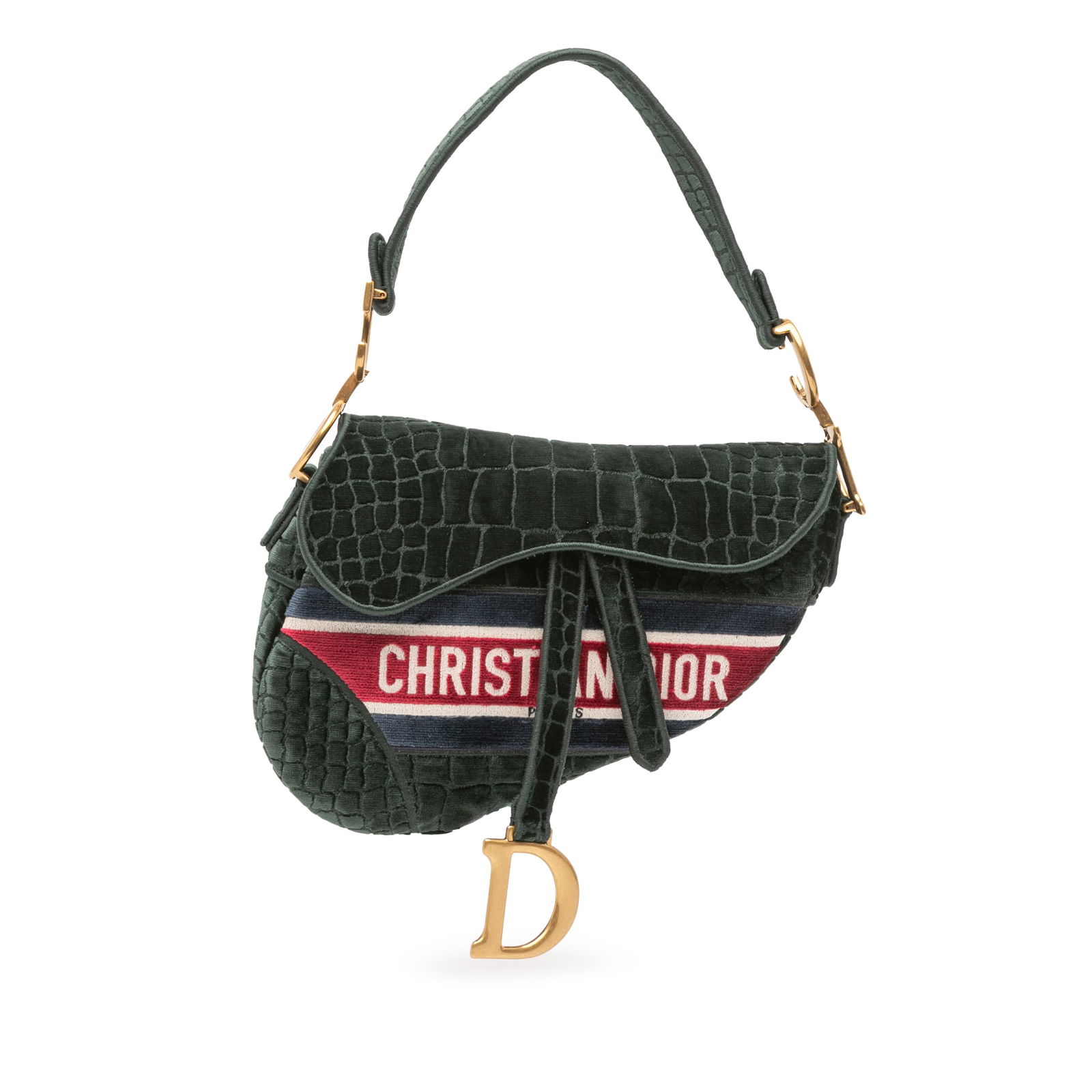 Dior Crocodile Effect Velvet Saddle Bag Green: Dior Crocodile Effect Velvet Saddle Bag Green This Dior Velvet Embroidered Crocodile Effect Saddle Bag showcases a luxurious croc-embossed velvet body in an elegant green hue. It features a flat strap